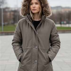 Pendleton Olive Puffer Jacket with Real Fox Fur Hood